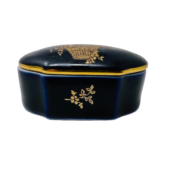 Limoges 24K Gold Castel Trinket Box Ceramic Gold Trim 24K Navy Blue - Picture 1 of 6